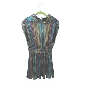 Queen of the Court Metallic Rainbow Pleated Hooded Tunic Top  Iridescent Small